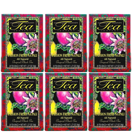 Hawaiian Islands Tea, Passion Fruit Na Pali Flavor Tropical Black Tea, All Natural - Six Boxes With 20 Tea Bags Per Box.