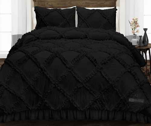 Twin Comforter Diamond Ruffle Black 300 Gsm Plush Siliconized Microfiber Fill Duvet Insert Box Stiched Quilted Fluffy Microfiber Comforter Shell With Pillowcases & Piping
