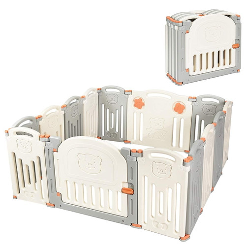 14-panel Foldable Kids Safety Activity Center Playard W/locking Gate, Non-slip Rubber Bases, Adjustable Shape, Portable Design For Indoor Outdoor Use