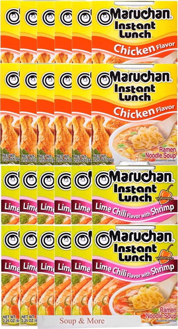 Maruchan Ramen Instant Cup Noodles 24 Count - 12 Chicken Flavor & 12 Lime Chili Shrimp Flavor Lunch / Dinner Variety, 2 Flavors