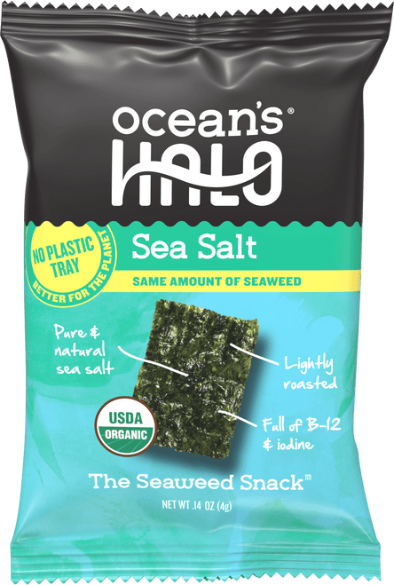 Ocean's Halo, Organic Trayless Seaweed Snack, Sea Salt, Vegan, No Plastic Tray, 1pk Nori, 0.14 Oz