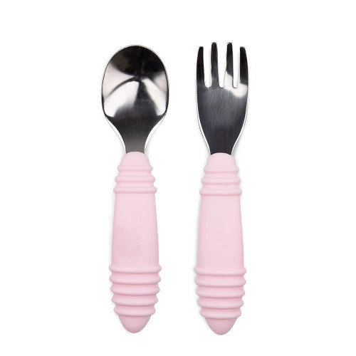 Bumkins Toddler Fork And Spoon Set, Stainless Steel & Silicone For 18 Mos+ (pink)