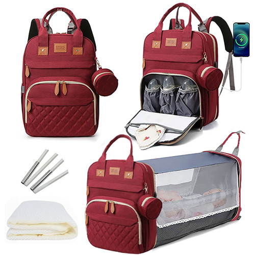 Lamgool Baby Diaper Bag Backpack With Changing Station, Baby Bag For Boys Girls, Waterproof Travel Diaper Backpack With Bassinet And Net, Red