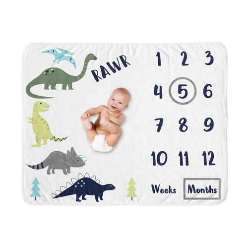 Mod Dinosaur Blue And Green Milestone Baby Blanket By Sweet Jojo Designs