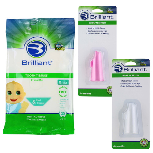Brilliant Bundle With Tooth Tissues Xylitol Wipes Bubblegum Flavor 30 Count And Silicone Wipe-n-brush Brush, Pink 2 Pack