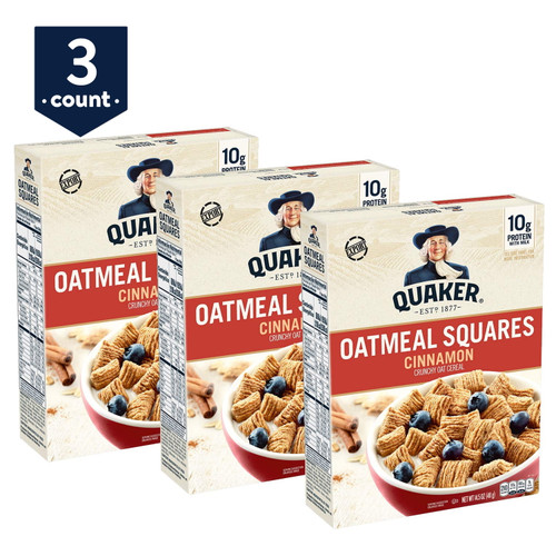Quaker Oatmeal Squares Breakfast Cereal, Cinnamon, 14.5 Oz Boxes, 3 Ct