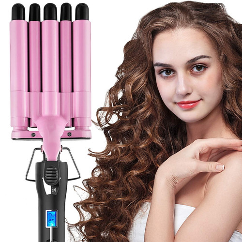 Professional 5 Barrel Curling Iron Wand, With Lcd Temperature Display, 1 Inch Ceramic Tourmaline, Dual Voltage Crimp, Heat Up Quickly