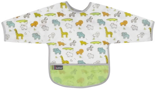 Kushies Cleanbib Art Smock Waterproof Clean Bib W/pocket & Long Sleeves (12-24 Months, White Little Safari)