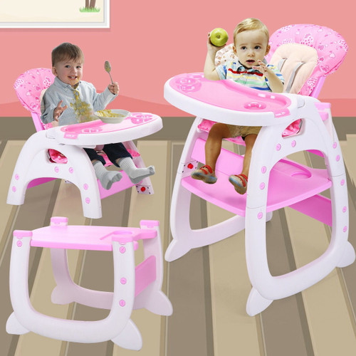 Lowestbest 3 In 1 High Chair For Baby, Adjustable Convertible Infant Toddler Chair And Booster With Feeding Tray, Play Table Seat, Pink