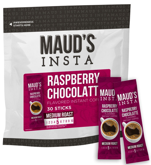 Maud's Instant Raspberry Chocolate Coffee (raspberry Choco Latte), 30ct. Solar Energy Produced Single Serve Flavored Instant Coffee Travel Stick Packs, 100% Arabica Flavored Coffee California Roasted