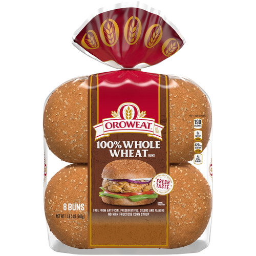 Oroweat Whole Grains 100% Whole Wheat Buns, 8 Count