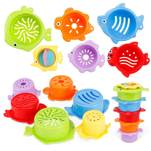 Teanoon Ocean Stacking Cups Bath Toys For Toddlers, Colorful Bath Cups With Drain Holes For Fun Bath Time