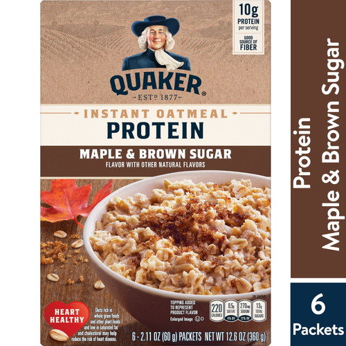 Quaker, Protein Instant Oatmeal, Maple & Brown Sugar, 2.11 Oz, 6 Packets