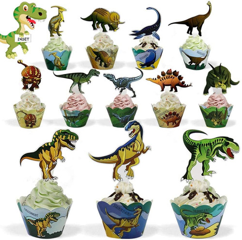 24 Pieces Dinosaur Cupcake Wrappers, Cute Dinosaur Cupcake Toppers For Cake Decoration, Dino Pattern Cake Decor For Kids Birthday Party Supplies