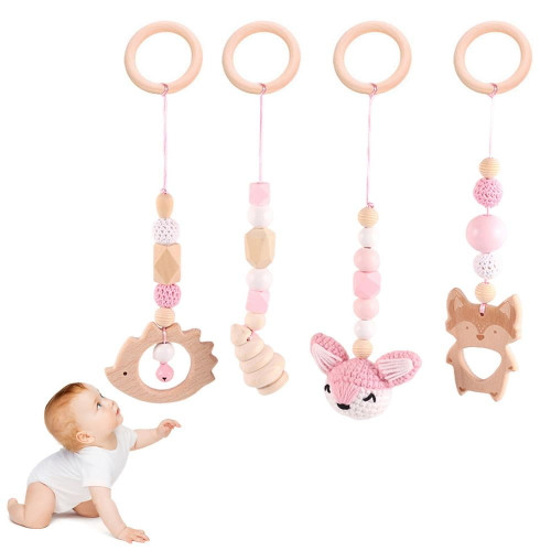 Ksruee Crib Toys 4 Pieces Crib Rattles Toys Wooden Animal Shape Teething Toys For 1-12 Months Crib Stroller Pushchair Way