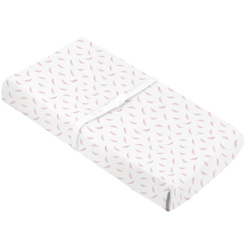 Kushies Change Pad Cover With Slits For Safety Strap Organic Jersey Pink Feathers