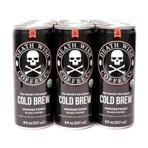 Death Wish Coffee Organic Unsweetened Black Iced Cold Brew, Bottled Coffee Drink, 8 Fl Oz, 12 Pk, Cans