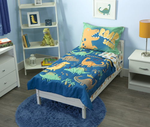 Funhouse 4-piece Dinosaur Roarsome Toddler Bedding Set For Toddler Bed - Dino Print - Blue