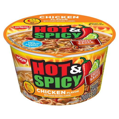 Nissin Hot & Spicy Chicken Ramen Noodle Bowls, New Food 18 Ct./3 Oz.- Prepared & Packaged Soups