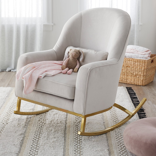 Modrn Glam Velvet Rocking Chair, Off-white With Satin Brass, Lumbar Pillow Included