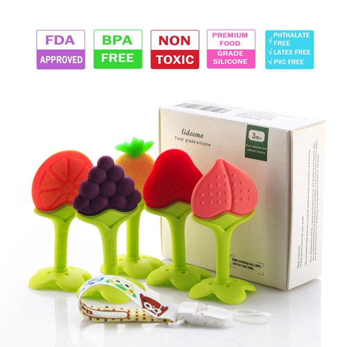 Baby Teething Toys, Soft Silicone Natural Bpa Free Fruit Teethers Set With Pacifier Clip/holder For Toddlers & Infants (5 Pack)