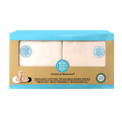 Charlie Banana Organic Cotton Blue Emb Double Sided Wipes, 10 Count