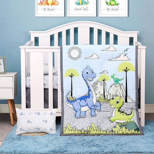 Jisen 3 Piece Crib Bedding Sets Crib Quilt Crib Sheet Pillowcase Soft Microfiber Printed Nursery Set For Baby Boys Or Girls Blue Dinosaurs