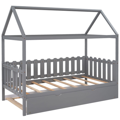 Mixfeer Twin Size House Bed With Trundle, Fence-shaped Guardrail, Gray(new)