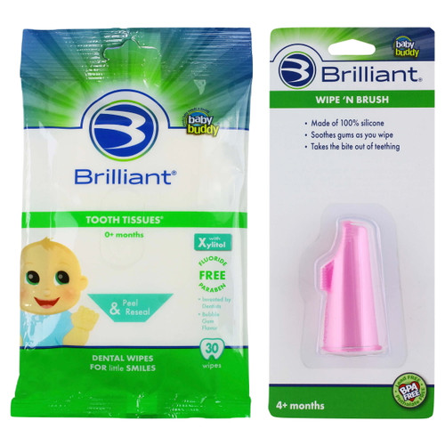 Brilliant Bundle With Tooth Tissues Xylitol Wipes Bubblegum Flavor 30 Count And Soft Silicone Wipe-n-brush Finger Brush, Pink