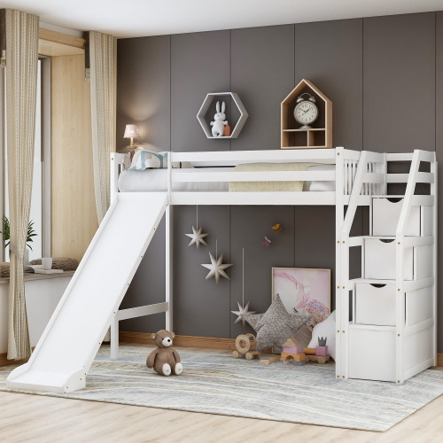 Loft Bunk Bed, Aukfa Twin Over Twin Bunk Bed, White Pine Bunk Bed Frame With Slide, Storage Staircase, Guard Rail For Bedroom, No Box Spring Needed