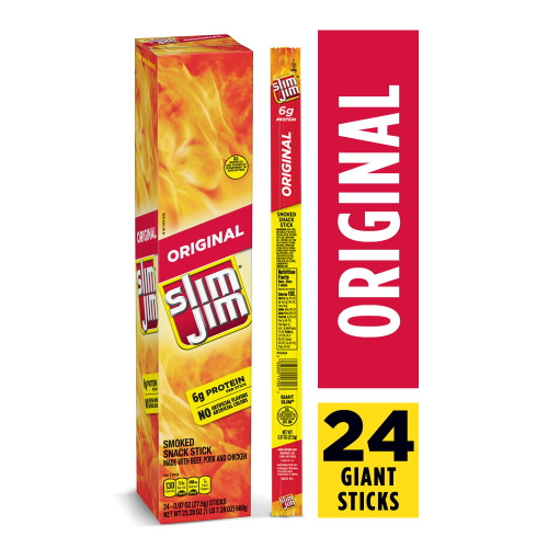 Slim Jim Original Giant Smoked Snack Stick, Keto Friendly Smoked Meat Stick, 0.97 Oz, 24 Ct
