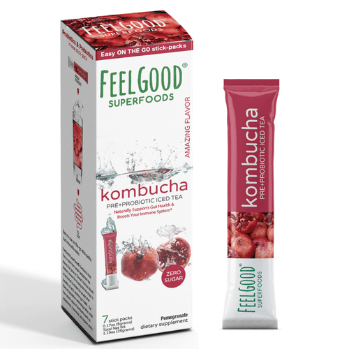 Feelgood Superfoods Kombucha Iced Tea Packets, Delicious Pomegranate Flavored Refreshing Instant Kombucha Powder Fizzy Drink, Probiotic Supplement For Gut Health, 7 Pack