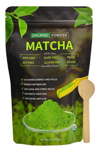 Csvam Organic Matcha Powder, Weight Loss Tea 100% Organic Tea, Matcha Green Tea Powder For Baking Or Smoothie. Matcha Tea Set 3.5oz With Wooden Spoon