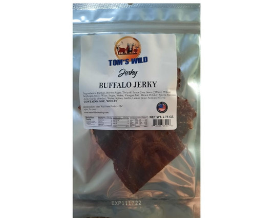 Buffalo Gourmet Jerky, 100% Farm Raised American Bison, Tender & Moist Chew. 2.75 Oz.  Free Shipping Over $35.00. By Tom's Wild Game Products.