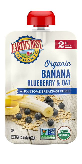 Earth's Best Organic Stage 2 Baby Food, Blueberry Banana Flax & Oat Breakfast Puree, 3.5 Oz Pouch