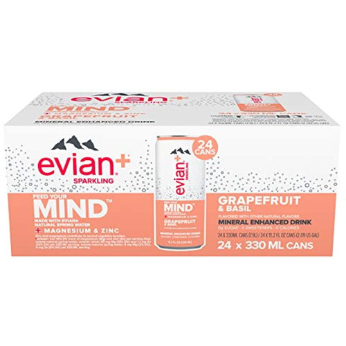 Evian + Sparkling Mineral Enhanced With Magnesium & Zinc Drink, Grapefruit & Basil, 11.2 Fl Oz, Pack Of 24