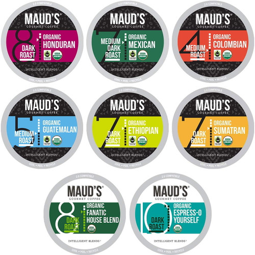 Maud's Organic Coffee Variety Pack, 56ct. Solar Energy Produced Recyclable Single Serve Fair Trade Single Origin Organic Coffee Pods - 100% Organic Arabica Coffee California Roasted, Kcup Compatible