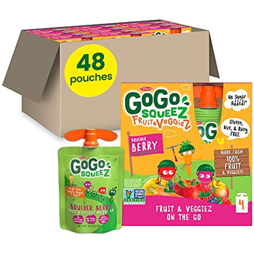 Gogo Squeez Fruit & Veggiez, Boulder Berry, 3.2 Oz. (48 Pouches) - Tasty Kids Snacks Made From Apples, Mixed Berries & Carrots - Gluten Free Snacks For Kids - Nut & Dairy Free - Vegan Snacks