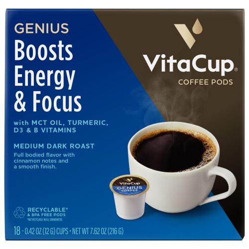 Vitacup Genius Coffee Pods 18 Ct Keto Energy & Focus With Mct, Turmeric, Cinnamon, & Vitamins B & D3 Recyclable Single Serve Pods Compatible With K-cup Brewers Including Keurig 2.0