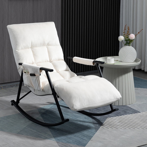 Newnno Velvet Accent Folding Rocking Recliner Chair Nursery With Side Pocket Adjustable High Back & Foot Rest(white)