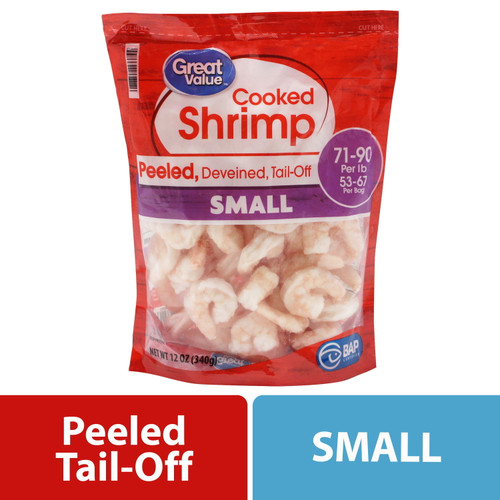 Great Value Frozen Cooked Small Peeled & Deveined, Tail-off Shrimp, 12 Oz (71-90 Count Per Lb)