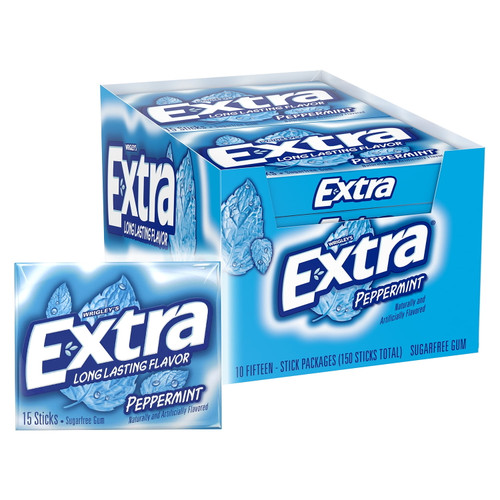 Extra Gum Peppermint Chewing Gum, 15 Pieces Packs, 10 Count