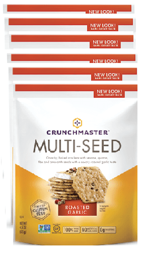 Crunchmaster Multi-seed Crackers, Roasted Garlic, 4 Oz. Pack Of 6 Bags |  Made With Sesame, Quinoa, Flax, And Amaranth | These Low Fat Baked Crackers Contain 18 Grams Of Whole Grain