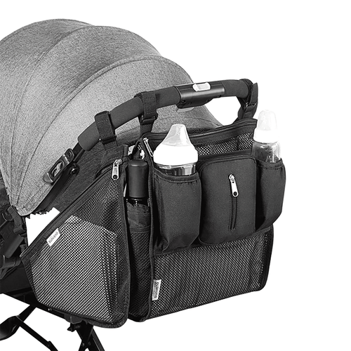 Sunveno Universal Stroller Organizer With Cup Holders, Large Capacity For Baby Essentials, Detachable Zippered Pocket, Adjustable Shoulder Strap, Black