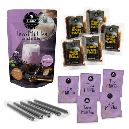 Flavfar Taro Milk Tea With Instant Tapioca Pearl - Authentic Taro Boba Tea Kit I Taro Milk Tea & Brown Sugar Boba & Straw I 5 Pack