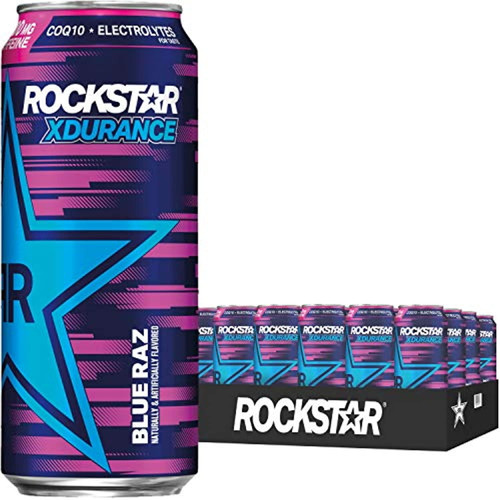 Rockstar Xdurance Energy Drink, Blue Raz, 0 Sugar Coq10 And Electrolytes, 16oz Cans (24 Pack) (packaging May Vary)