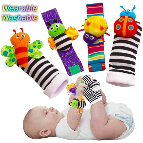 Coolmade Infant & Baby Puzzle Lovely Socks And Wrist Strap Toy Cartoon Animal Shaped Wrist Rattles Foot Socks Toys 4 Pcs