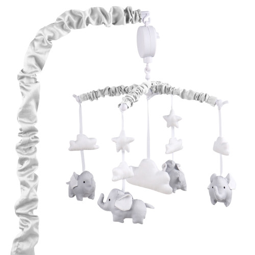 Grey Digital Musical Mobile With Elephants, Clouds And Stars By The Peanutshell