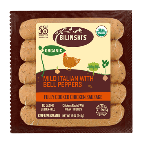 Bilinski's Organic Mild Italian And Bell Pepper Chicken Sausage, 12oz (pack Of 8)