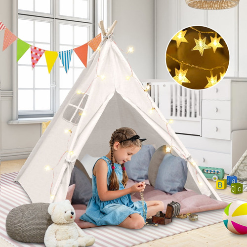 Wisairt Kids Tent, Kids Play Tent With Star Lights And Bunting, Washable Foldable Teepee Tent, Outdoor Indoor Diy Toddler Tent For Girls Boys (white)